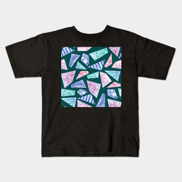 Pastel colored doodle watercolor polygon shapes on dark green Kids T-Shirt by nobelbunt